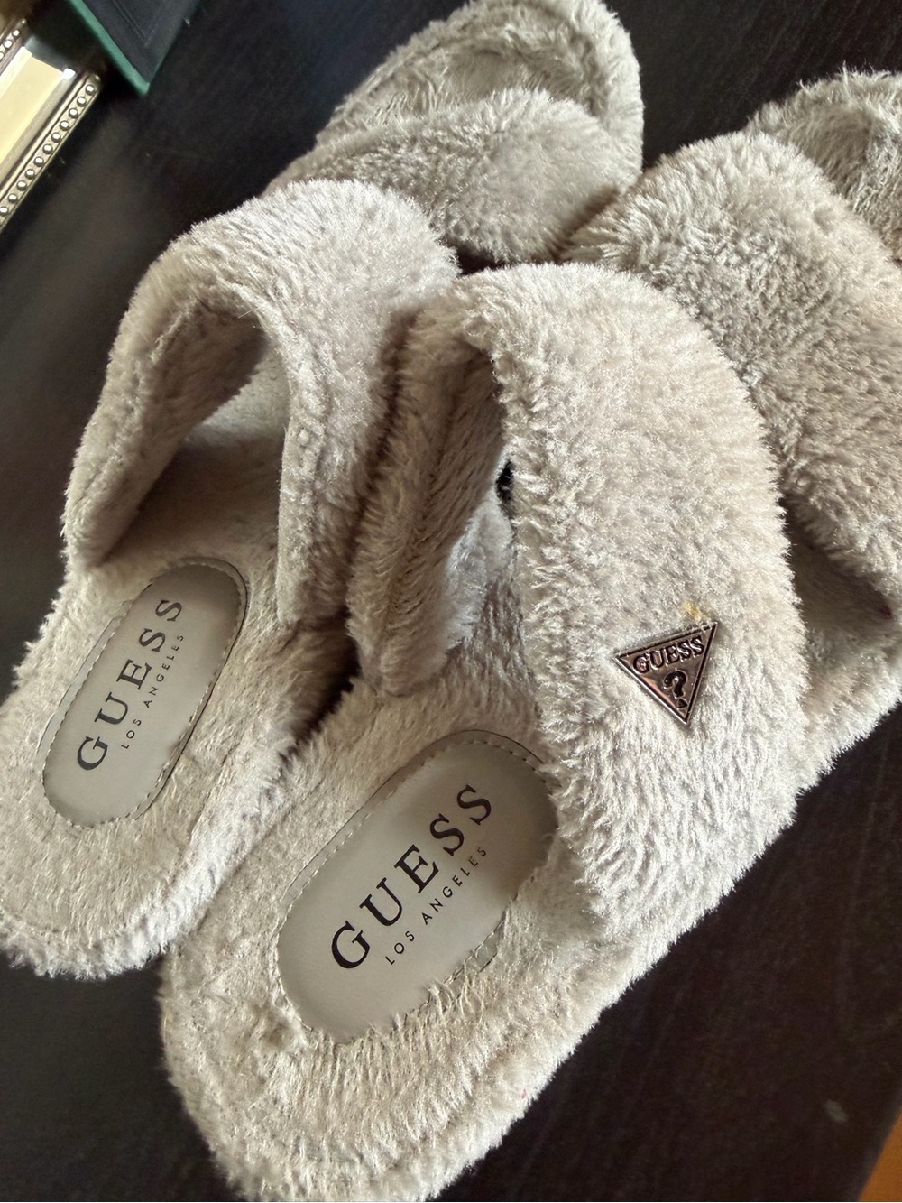 Guess Plush Fuzzy Slide Slippers gray color
